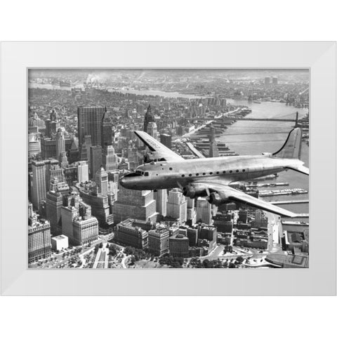 Flying over Manhattan, NYC White Modern Wood Framed Art Print by Anonymous
