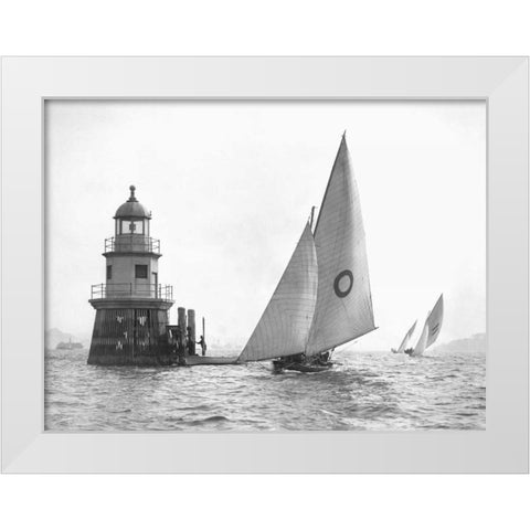 Sloop and Channel Pile Light on Sydney Harbour White Modern Wood Framed Art Print by Anonymous