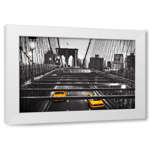 Taxi on Brooklyn Bridge, NYC White Modern Wood Framed Art Print by Anonymous