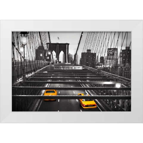 Taxi on Brooklyn Bridge, NYC White Modern Wood Framed Art Print by Anonymous