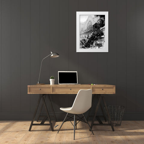 Train wreck at Montparnasse, Paris, 1895 White Modern Wood Framed Art Print by Anonymous