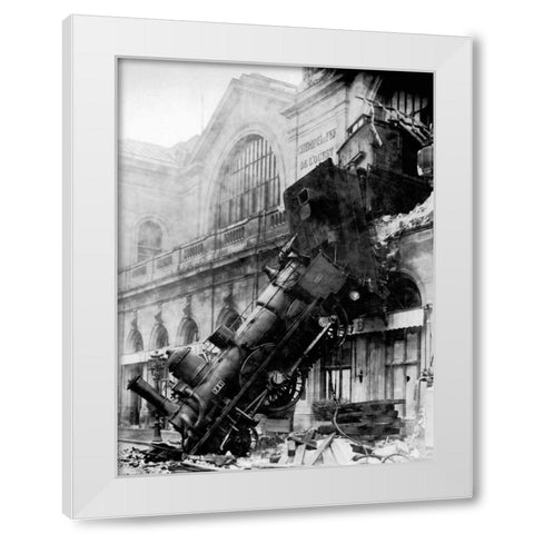 Train wreck at Montparnasse, Paris, 1895 White Modern Wood Framed Art Print by Anonymous