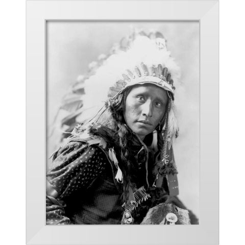 Indian wearing White War Bonnet- 1900 White Modern Wood Framed Art Print by Anonymous