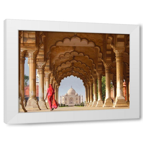 Woman in traditional Sari walking towards Taj Mahal White Modern Wood Framed Art Print by Pangea Images