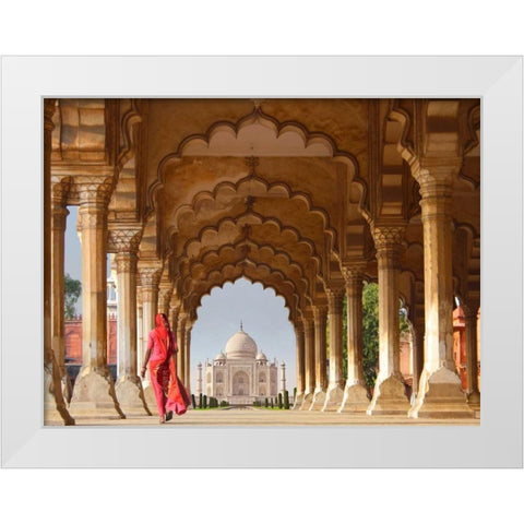 Woman in traditional Sari walking towards Taj Mahal White Modern Wood Framed Art Print by Pangea Images