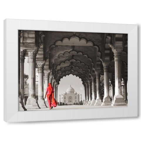 Woman in traditional Sari walking towards Taj Mahal White Modern Wood Framed Art Print by Pangea Images