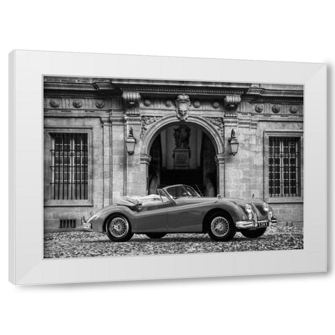 Luxury Car in front of Classic Palace (BW) White Modern Wood Framed Art Print by Gasoline Images