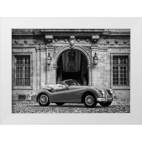Luxury Car in front of Classic Palace (BW) White Modern Wood Framed Art Print by Gasoline Images