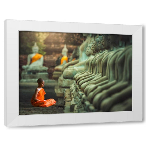 Young Buddhist Monk praying, Thailand White Modern Wood Framed Art Print by Pangea Images