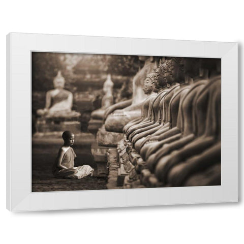 Young Buddhist Monk praying, Thailand (sepia) White Modern Wood Framed Art Print by Pangea Images