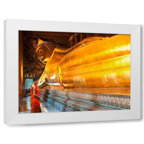 Praying the reclined Buddha, Wat Pho, Bangkok, Thailand White Modern Wood Framed Art Print by Pangea Images