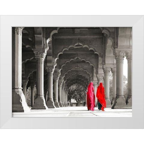 Women in traditional dress, India (BW) White Modern Wood Framed Art Print by Pangea Images