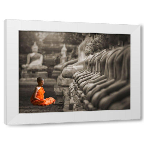 Young Buddhist Monk praying, Thailand (BW) White Modern Wood Framed Art Print by Pangea Images