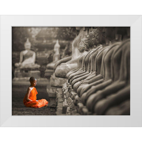 Young Buddhist Monk praying, Thailand (BW) White Modern Wood Framed Art Print by Pangea Images