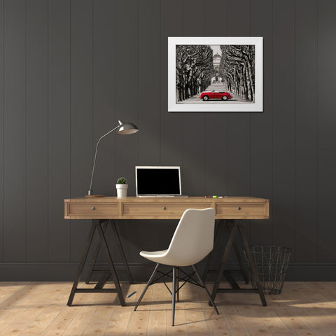 Roadster in tree lined road, Paris White Modern Wood Framed Art Print by Gasoline Images
