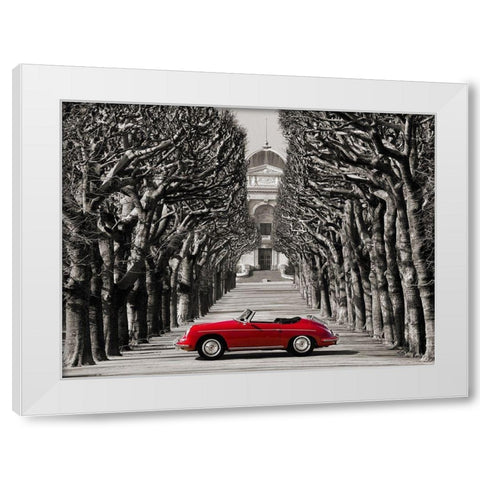 Roadster in tree lined road, Paris White Modern Wood Framed Art Print by Gasoline Images