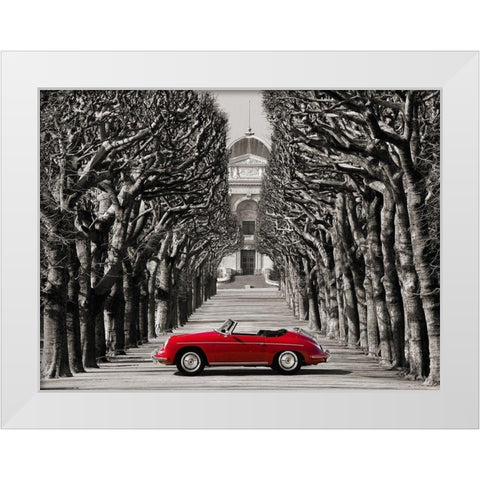 Roadster in tree lined road, Paris White Modern Wood Framed Art Print by Gasoline Images