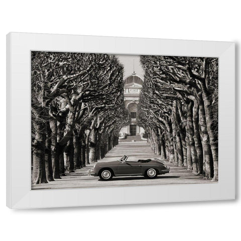 Roadster in tree lined road, Paris (BW) White Modern Wood Framed Art Print by Gasoline Images
