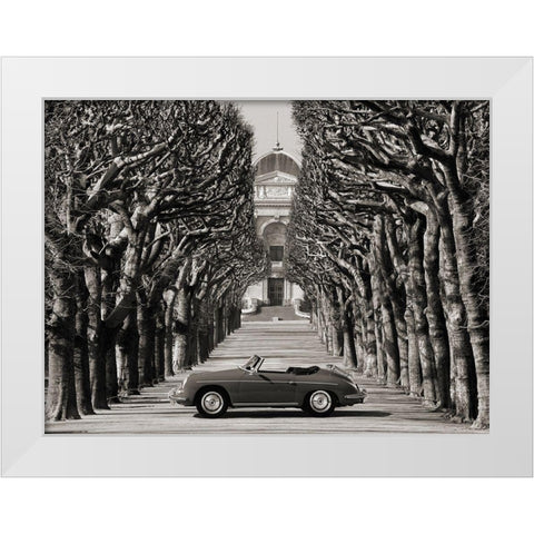 Roadster in tree lined road, Paris (BW) White Modern Wood Framed Art Print by Gasoline Images