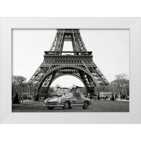 Roadster under the Eiffel Tower - BW White Modern Wood Framed Art Print by Gasoline Images