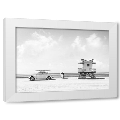 Waiting for the Waves-Miami Beach - BW White Modern Wood Framed Art Print by Gasoline Images