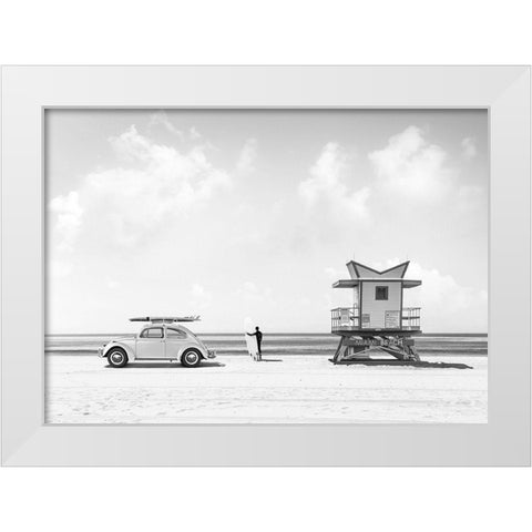 Waiting for the Waves-Miami Beach - BW White Modern Wood Framed Art Print by Gasoline Images
