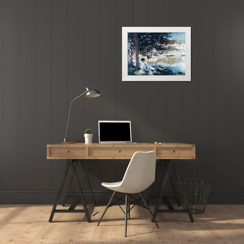 On the Seine at Bennecourt White Modern Wood Framed Art Print by Monet, Claude