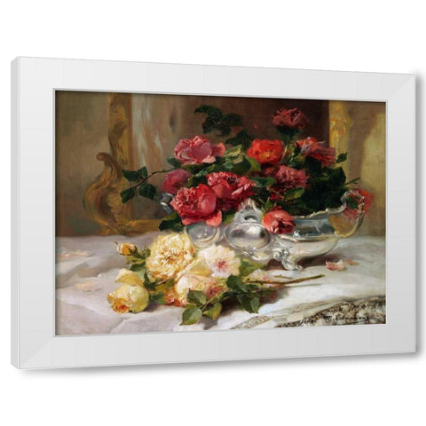 Roses on a Dressing Table White Modern Wood Framed Art Print by Cauchois, Eugene Henri