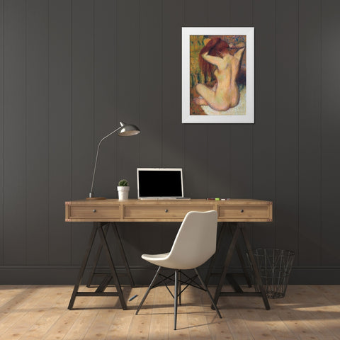 Woman Combing her Hair White Modern Wood Framed Art Print by Degas, Edgar