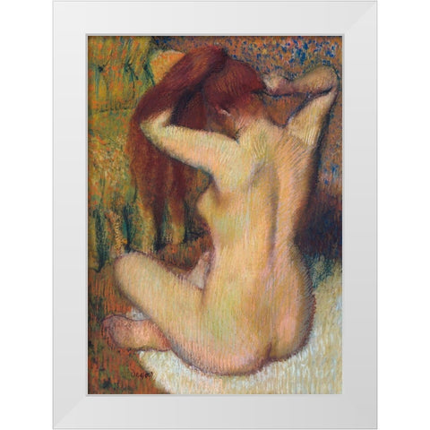 Woman Combing her Hair White Modern Wood Framed Art Print by Degas, Edgar