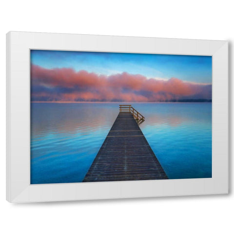 Boat ramp and fog bench, Bavaria, Germany White Modern Wood Framed Art Print by Krahmer, Frank