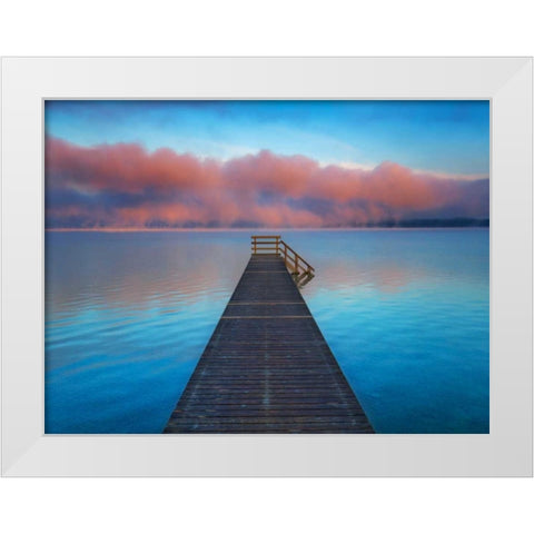 Boat ramp and fog bench, Bavaria, Germany White Modern Wood Framed Art Print by Krahmer, Frank