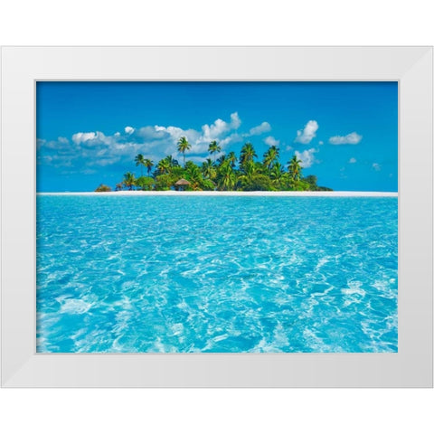 Tropical lagoon with palm island, Maldives White Modern Wood Framed Art Print by Krahmer, Frank