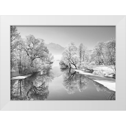 Winter landscape at Loisach, Germany (BW) White Modern Wood Framed Art Print by Frank, Krahmer