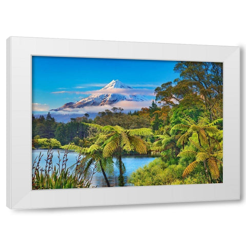 Taranaki Mountain and Lake Mangamahoe- New Zealand White Modern Wood Framed Art Print by Krahmer, Frank