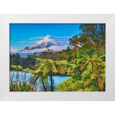 Taranaki Mountain and Lake Mangamahoe- New Zealand White Modern Wood Framed Art Print by Krahmer, Frank