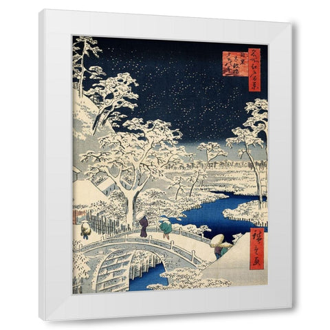 Drum bridge at Meguro and Sunset Hill White Modern Wood Framed Art Print by Hiroshige, Ando
