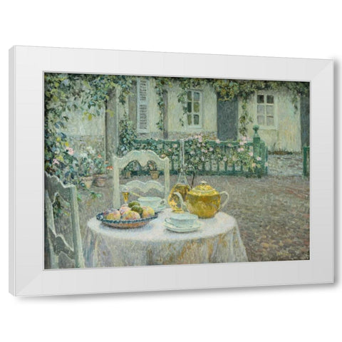 The Pink Tablecloth White Modern Wood Framed Art Print by Le Sidaner, Henri
