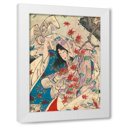 Maple leaf gathering White Modern Wood Framed Art Print by Yoshitoshi, Tsukioka