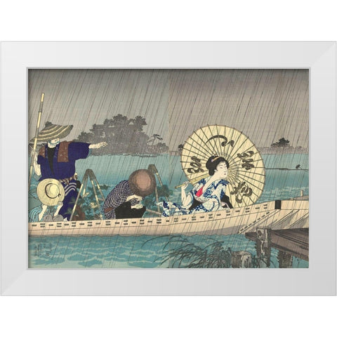 Between te banks of the Sumida Bokutei I White Modern Wood Framed Art Print by Chikanobu, Yoshu (Hashimoto)