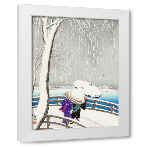 Two women in the snow on Yanagi Bridge White Modern Wood Framed Art Print by Koson, Ohara