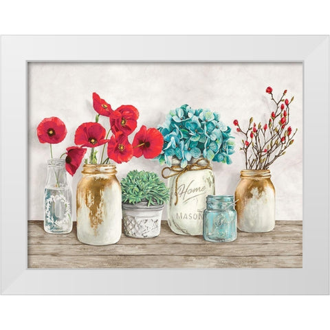 Floral composition with Mason Jars White Modern Wood Framed Art Print by Jenny, Thomlinson
