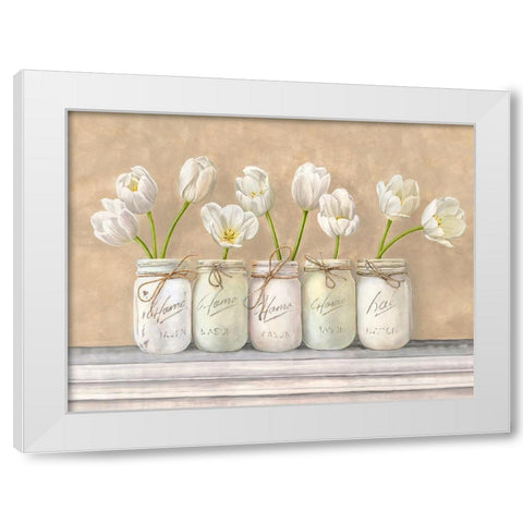 White Tulips in Mason Jars White Modern Wood Framed Art Print by Jenny, Thomlinson