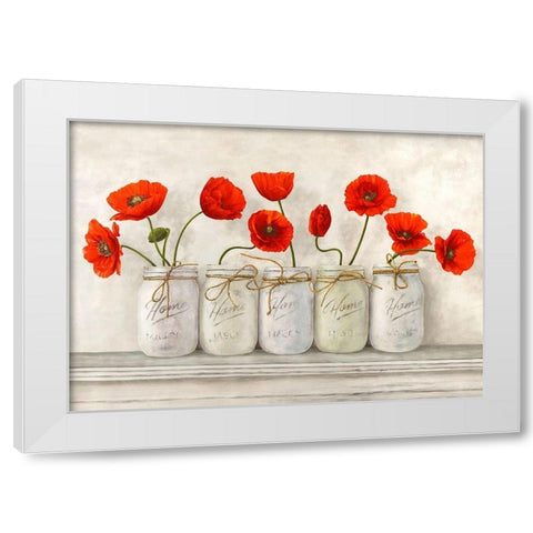 Red Poppies in Mason Jars White Modern Wood Framed Art Print by Jenny, Thomlinson