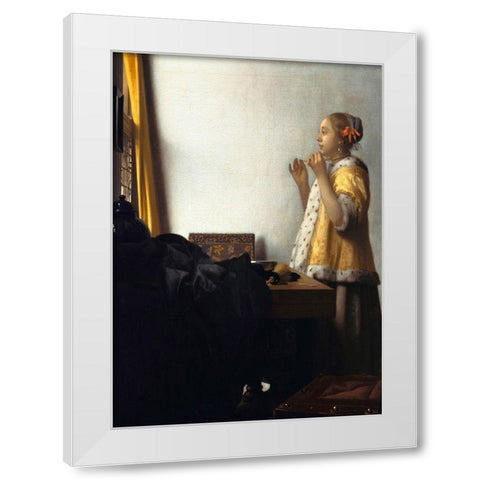 Woman with a Pearl Necklace - detail White Modern Wood Framed Art Print by Vermeer, Jan