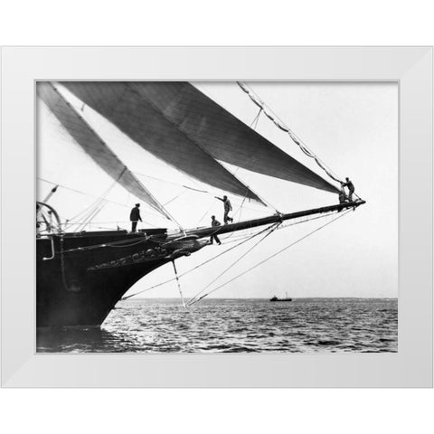 Ship Crewmen Standing on the Bowsprit 1923 White Modern Wood Framed Art Print by Levick, Edwin
