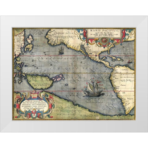 Map of the Pacific Ocean, 1589 White Modern Wood Framed Art Print by Ortelius, Abraham