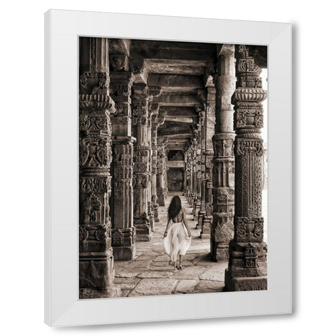 At the Temple-India (BW) White Modern Wood Framed Art Print by Moreau, Marc