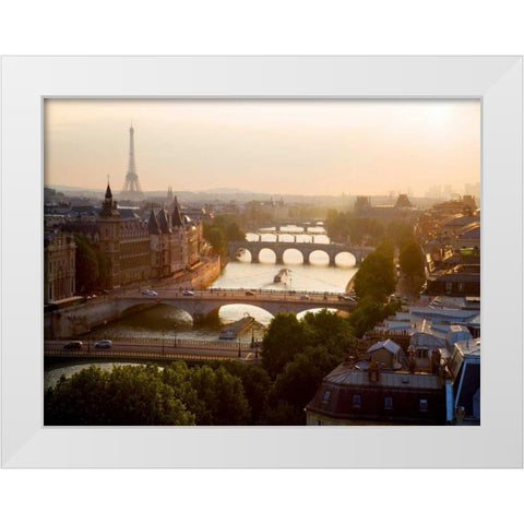 Bridges over the Seine river, Paris White Modern Wood Framed Art Print by Setboun, Michel