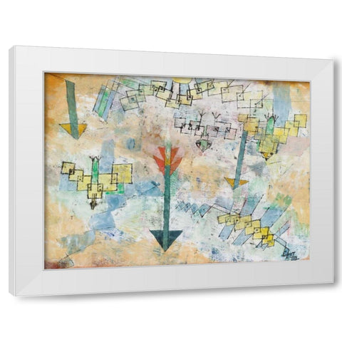 Birds Swooping Down and Arrows  White Modern Wood Framed Art Print by Klee, Paul